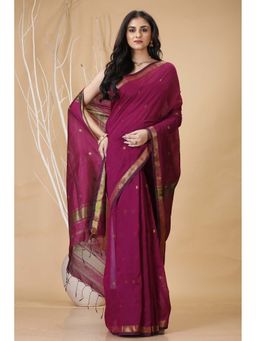 SLAGHA - Maroon Women Ethnic Cotton Silk Saree with Unstitched Blouse