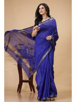 SLAGHA - Blue Women's Ethnic Cotton Silk Saree with Unstitched Blouse