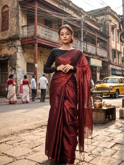 AAKAR - Wine Drizzle Wine Red Handloom Tissue Saree with Unstitched Blouse