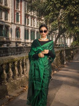 AAKAR - Hara Noor Bottle Green Handloom Tissue Saree with Unstitched Blouse