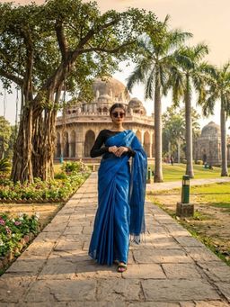 AAKAR - Blue Handloom Tissue Saree with Unstitched Blouse