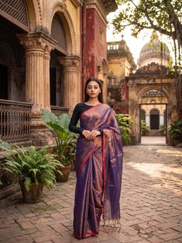 AAKAR - Midnight Melt Copper and Blue Handloom Tissue Saree with Unstitched Blouse