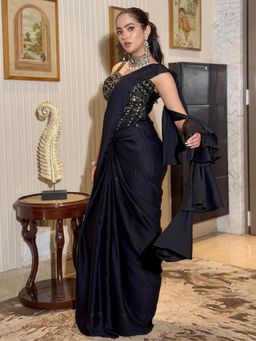 Chhabra 555 - Black Georgette Embellished Pre-Draped Saree with Stitched Blouse