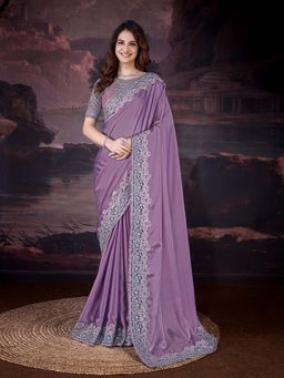 Trendmalls - Purple Women's Silk Sequin Embroidered Saree with Unstitched Blouse