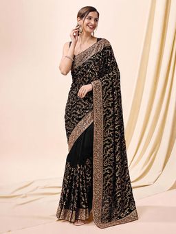 Trendmalls - Black Women's Silk Blend Embroiderd Saree with Unstitched Blouse