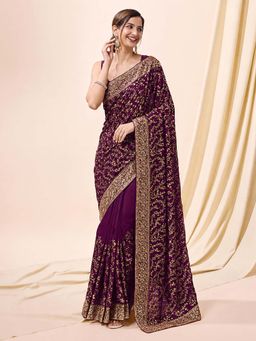 Trendmalls - Purple Women's Silk Blend Embroiderd Saree with Unstitched Blouse