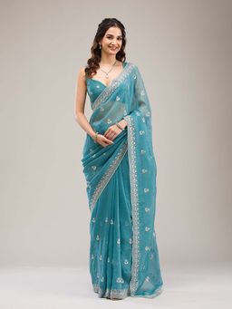 Trendmalls - Turquoise Women's Art Silk Embroidered Saree with Unstitched Blouse