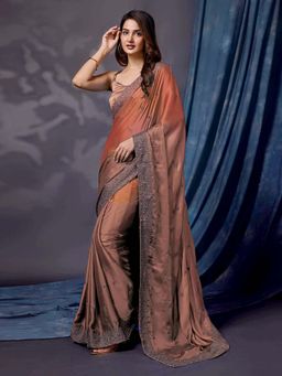 Trendmalls - Brown Women's Silk Embroidery Double Shade Saree with Unstitched Blouse