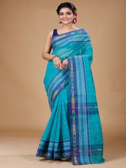 SLAGHA - Turquoise Women's Ethnic Pure Cotton Checked Saree Without Blouse