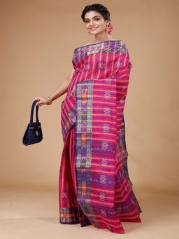 SLAGHA - Pink Women's Ethnic Pure Cotton Striped Saree Without Blouse