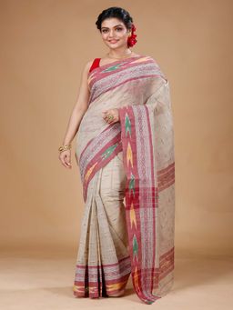 SLAGHA - Beige Women's Ethnic Pure Cotton Checked Saree Without Blouse