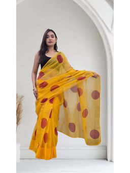The Raksha Store - Mathe Ri Bindu Yellow Kota Doria Saree with Unstitched Blouse