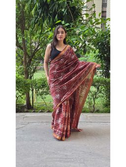 The Raksha Store - Aarvika Brown Maheshwari Silk Saree with Unstitched Blouse