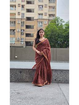 The Raksha Store - Ridhira Brown Maheshwari Silk Saree with Unstitched Blouse