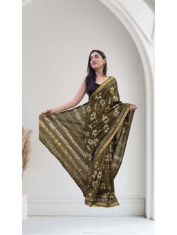 The Raksha Store - Trisha Green Maheshwari Silk Saree with Unstitched Blouse