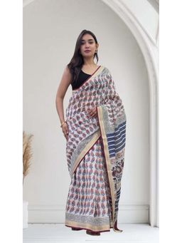 The Raksha Store - Vedanshi White Maheshwari Silk Saree with Unstitched Blouse