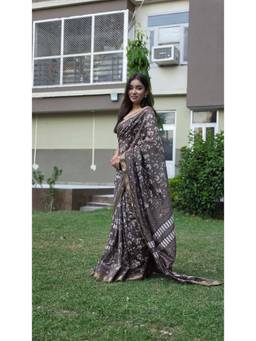 The Raksha Store - Yashvini Mud Grey Maheshwari Silk Saree with Unstitched Blouse