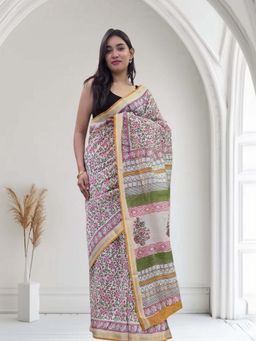 The Raksha Store - Yashasvi White Maheshwari Silk Saree with Unstitched Blouse