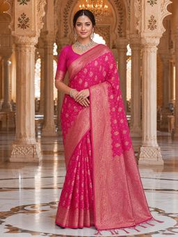 Trendmalls - Pink Women's Jacquard Silk Zari Woven Saree with Unstitched Blouse