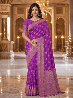 Trendmalls - Purple Women's Jacquard Silk Zari Woven Saree with Unstitched Blouse