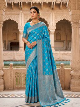 Trendmalls - Turquoise Women's Jacquard Silk Zari Woven Saree with Unstitched Blouse