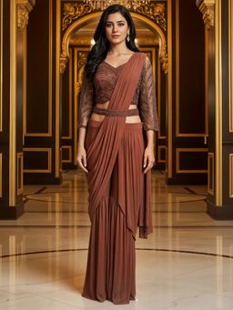 Chhabra 555 - Brown Georgette Embellished Pre-Draped Saree and Stitched Blouse with Belt