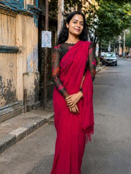 AAKAR - Pink Handloom Cotton Saree with Unstitched Blouse