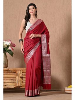 THE WEAVERS SHOP BY RAAVI - Silk Single Zari Banarsi Border Maroon Saree with Unstitched Blouse
