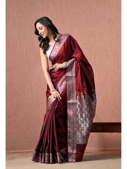 THE WEAVERS SHOP BY RAAVI - Maroon Silk Banarasi Silver Zari Border Saree with Unstitched Blouse