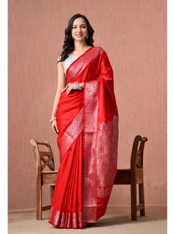 THE WEAVERS SHOP BY RAAVI - Red Pure Silk Banarasi Silver Zari Pallu Saree with Unstitched Blouse