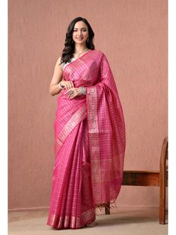 THE WEAVERS SHOP BY RAAVI - Rani Pink Cotton with Silver Zari Checks Saree with Unstitched Blouse
