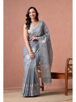 THE WEAVERS SHOP BY RAAVI - Steel Grey Cotton Checked Zari Details Saree with Unstitched Blouse