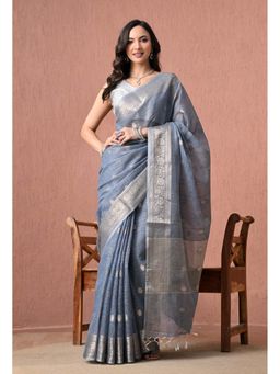 THE WEAVERS SHOP BY RAAVI - Steel Blue Cotton with Silver Border Saree with Unstitched Blouse