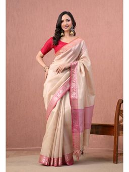 THE WEAVERS SHOP BY RAAVI - Pure Cotton In Cream with Zari Saree with Unstitched Blouse