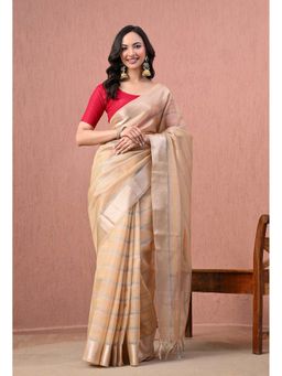 THE WEAVERS SHOP BY RAAVI - Beige Striped Cotton with Zari Border Saree with Unstitched Blouse