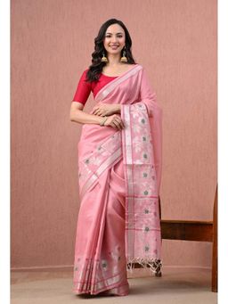 THE WEAVERS SHOP BY RAAVI - Light Pink Cotton Floral Jamdani Pallu Saree with Unstitched Blouse