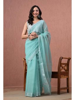 THE WEAVERS SHOP BY RAAVI - Cotton Sea Green with Silver Zari Border Saree with Unstitched Blouse