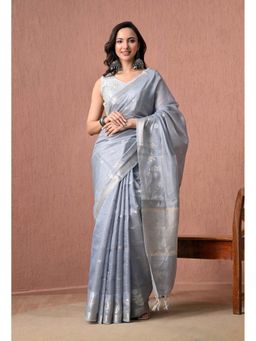THE WEAVERS SHOP BY RAAVI - Cotton In Light Blue with Silver Zari Saree with Unstitched Blouse