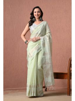 THE WEAVERS SHOP BY RAAVI - Cotton Mint Green with Silver Zari Saree with Unstitched Blouse