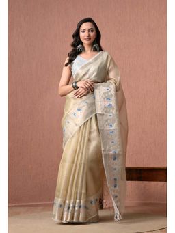 THE WEAVERS SHOP BY RAAVI - Cotton In Light Cream and Silver Zari Saree with Unstitched Blouse