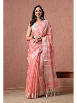 THE WEAVERS SHOP BY RAAVI - Elegant Peach Pure Cotton Checks Saree with Unstitched Blouse