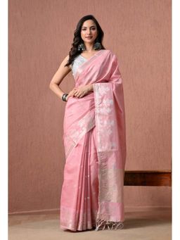 THE WEAVERS SHOP BY RAAVI - Pink Pure Cotton with Silver Zari Pallu Saree with Unstitched Blouse