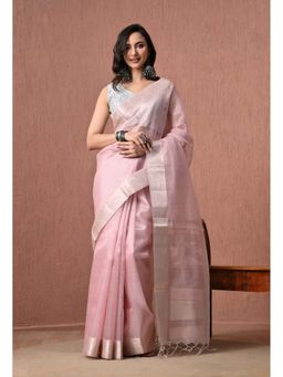 THE WEAVERS SHOP BY RAAVI - Elegant Pastel Pink Cotton Zari Border Saree with Unstitched Blouse