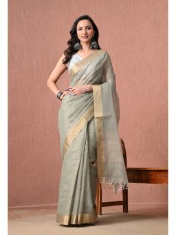 THE WEAVERS SHOP BY RAAVI - Sage Green Cotton Zari Border Saree with Unstitched Blouse