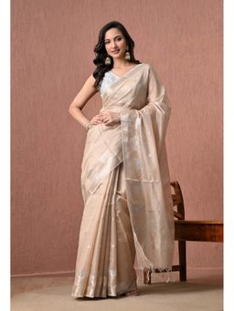 THE WEAVERS SHOP BY RAAVI - Off-White Pure Cotton with Silver Zari Saree with Unstitched Blouse