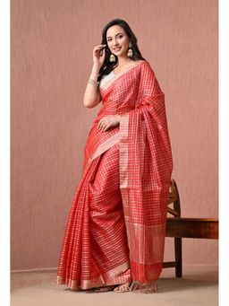 THE WEAVERS SHOP BY RAAVI - Pure Cotton Checked Red with Zari Border Saree with Unstitched Blouse