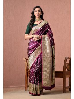 THE WEAVERS SHOP BY RAAVI - Pure Silk Banarasi In Purple Gold Zari Saree with Unstitched Blouse