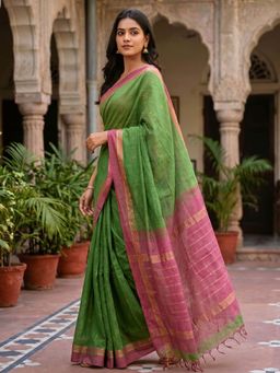 Ushvii - Green Negamam Cotton Woven Saree with Unstitched Blouse