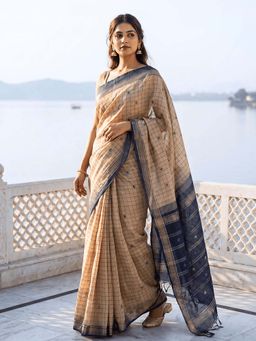 Ushvii - Beige Negamam Cotton Woven Saree with Unstitched Blouse