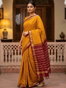 Ushvii - Mustard Negamam Cotton Woven Saree with Unstitched Blouse